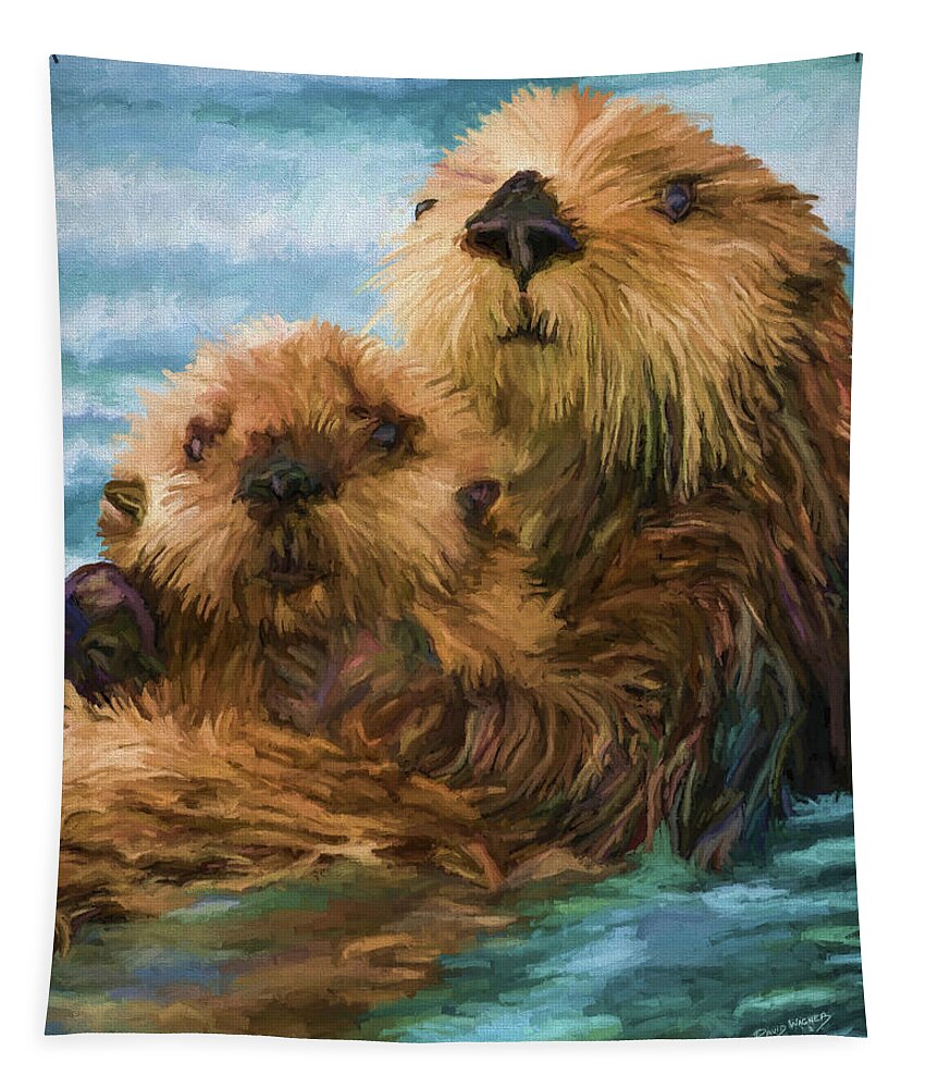 Animal Tapestry featuring the painting Sea Otter Mom and Pup by David Wagner