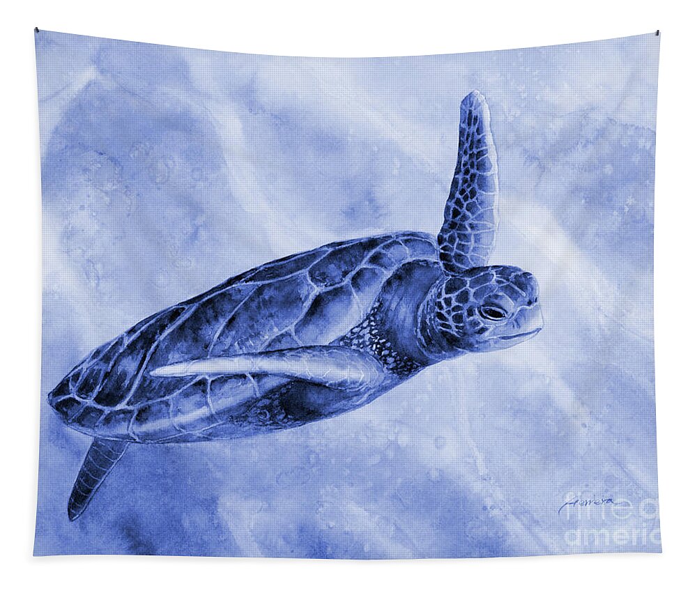 Mono Tapestry featuring the painting Sea Turtle 2 in Blue by Hailey E Herrera