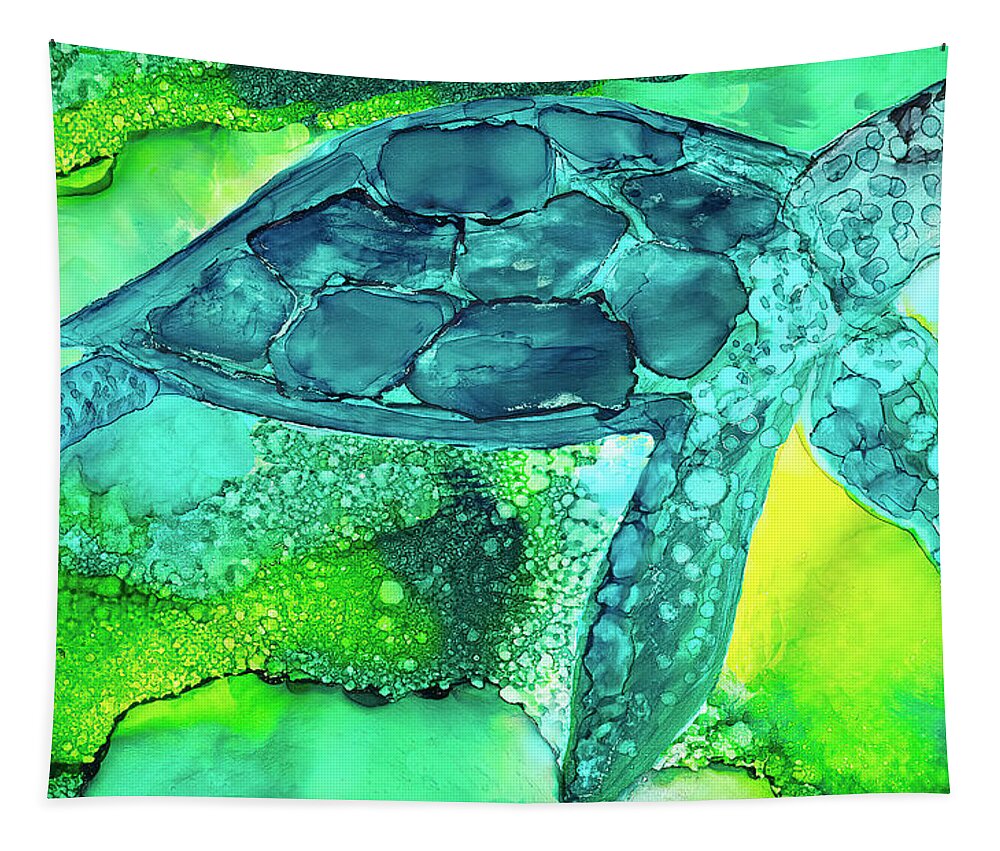 Sea Turtle Tapestry featuring the painting Sea Turtle Alcohol Ink Painting by Deborah League
