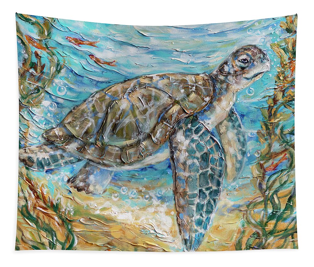 Ocean Tapestry featuring the painting Sea Turtle Cheer by Linda Olsen