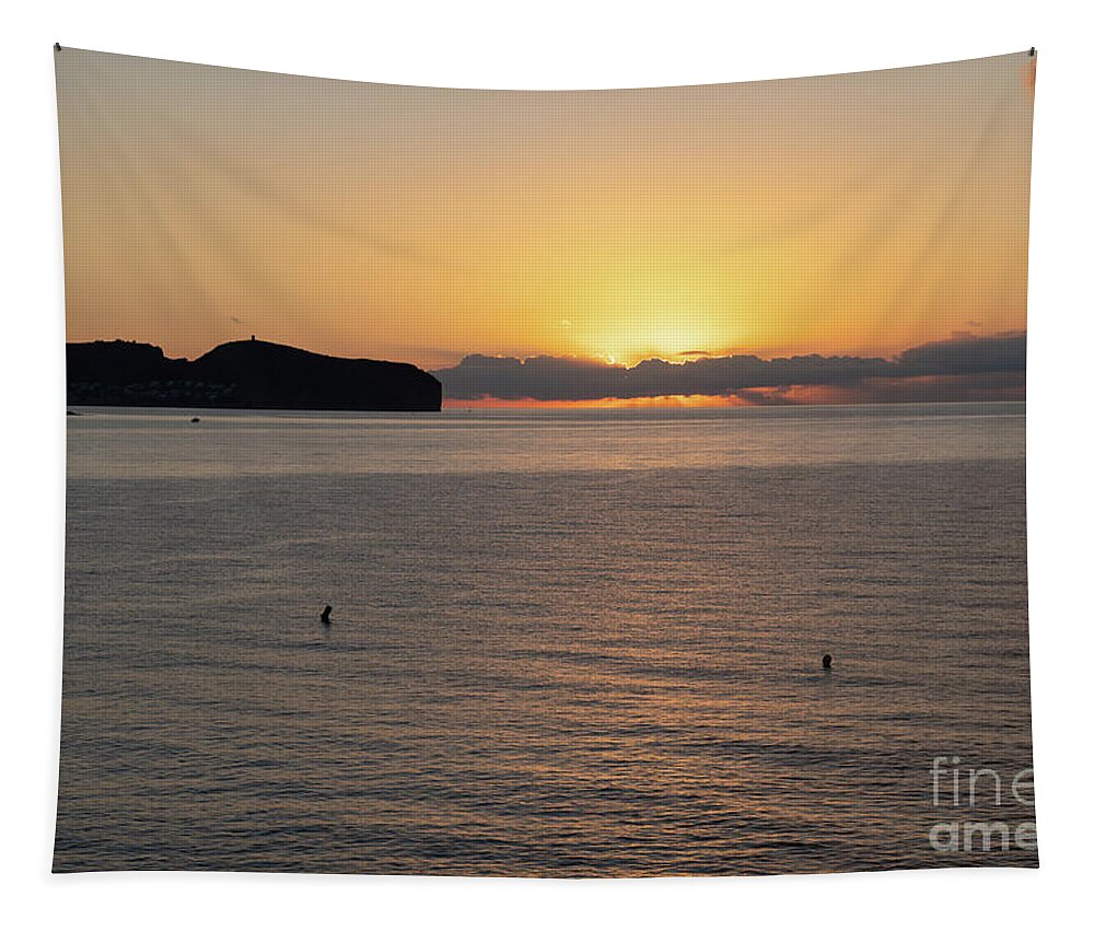 Mediterranean Sea Tapestry featuring the photograph Sea water and golden sky at sunrise, Mediterranean coast by Adriana Mueller