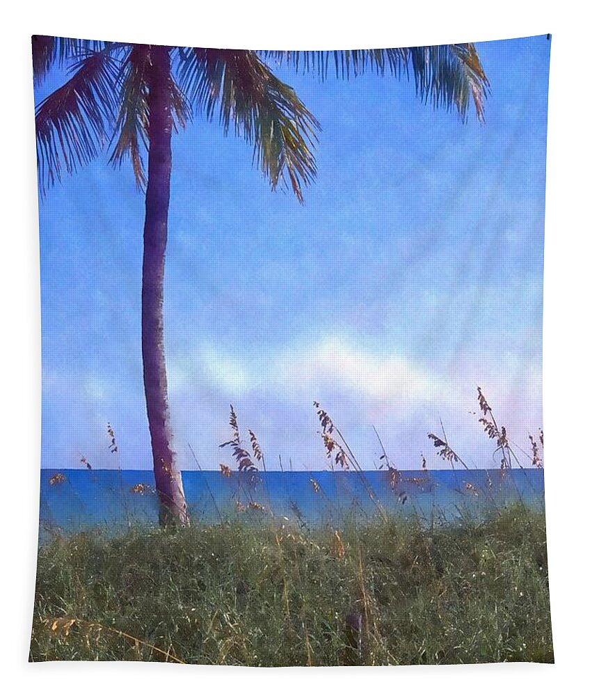 Florida Tapestry featuring the photograph Seagrass bends in the breeze under a palm tree on a Key Biscayne beach by William Kuta