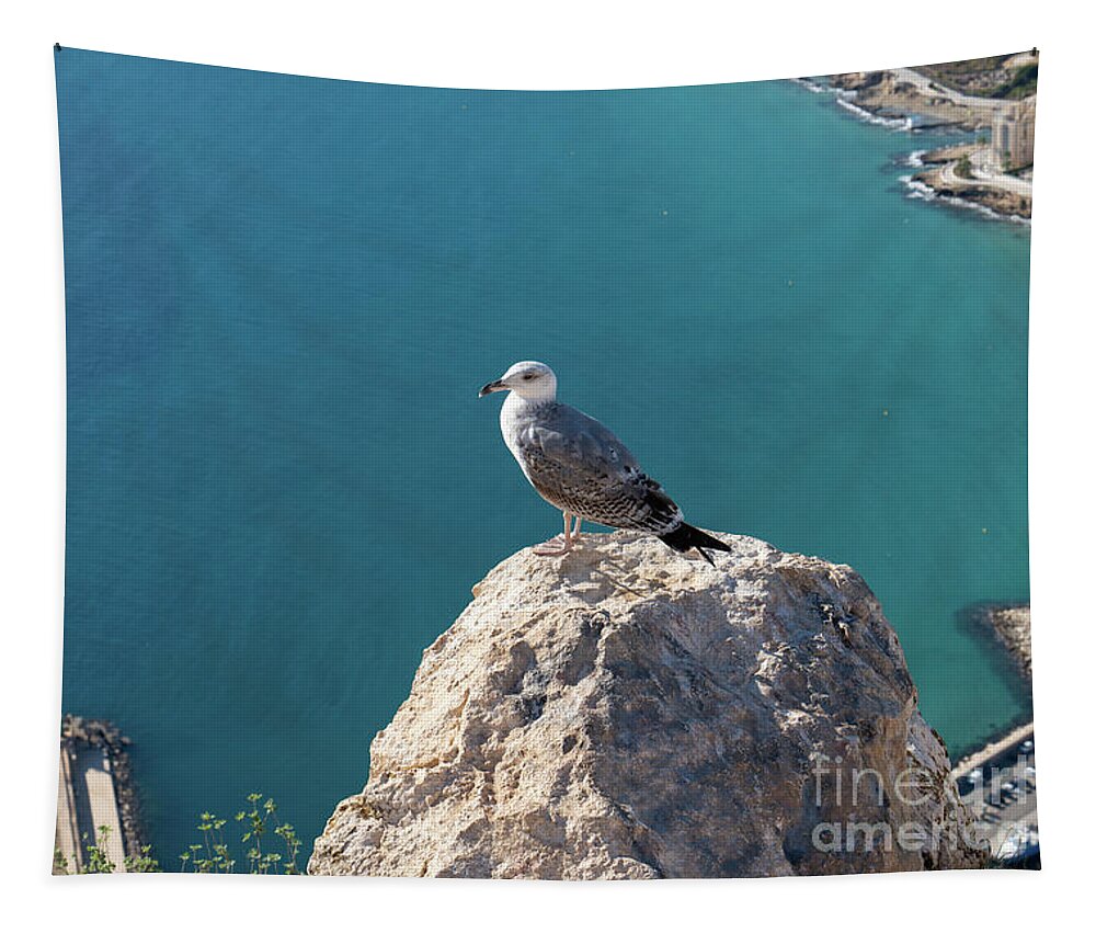 Seagull Tapestry featuring the photograph Seagull and the blue Mediterranean Sea by Adriana Mueller