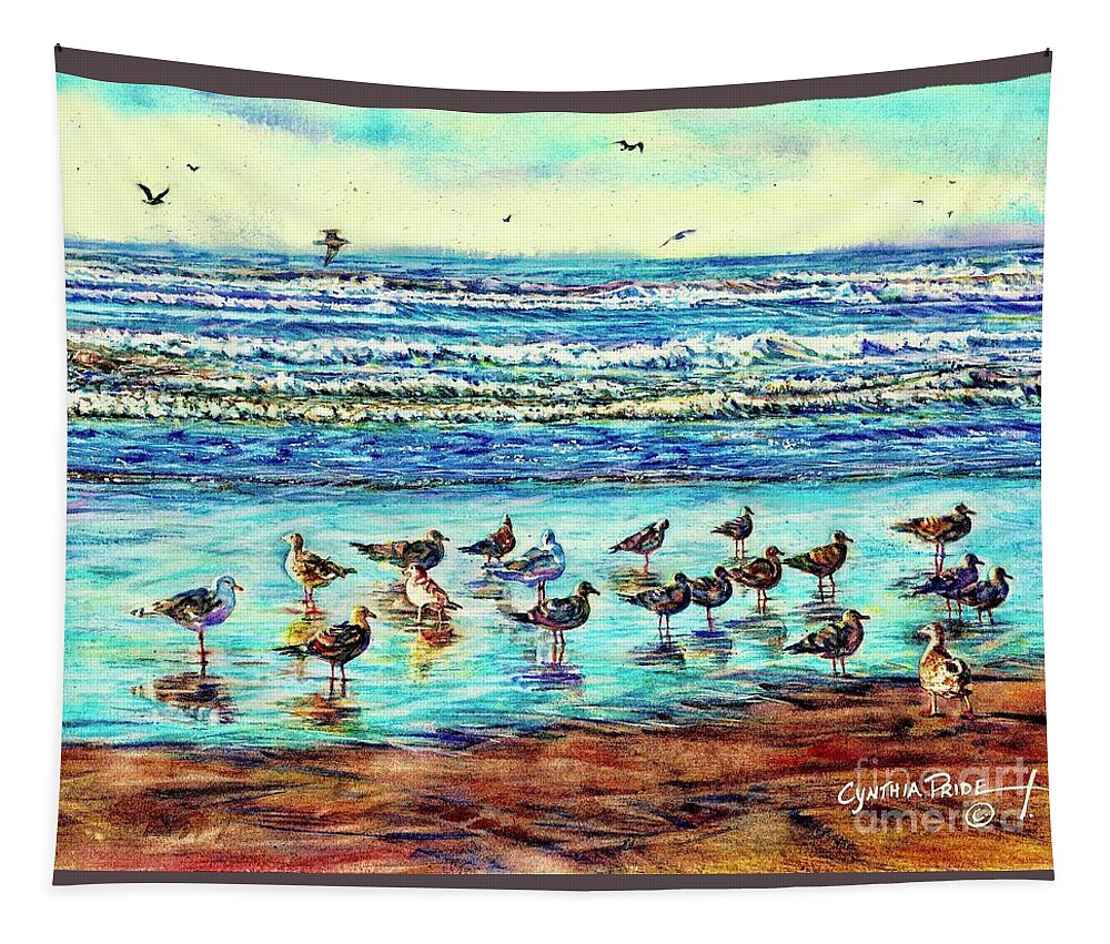 Cynthia Pride Watercolor Paintings Tapestry featuring the painting Seagull Get-together by Cynthia Pride
