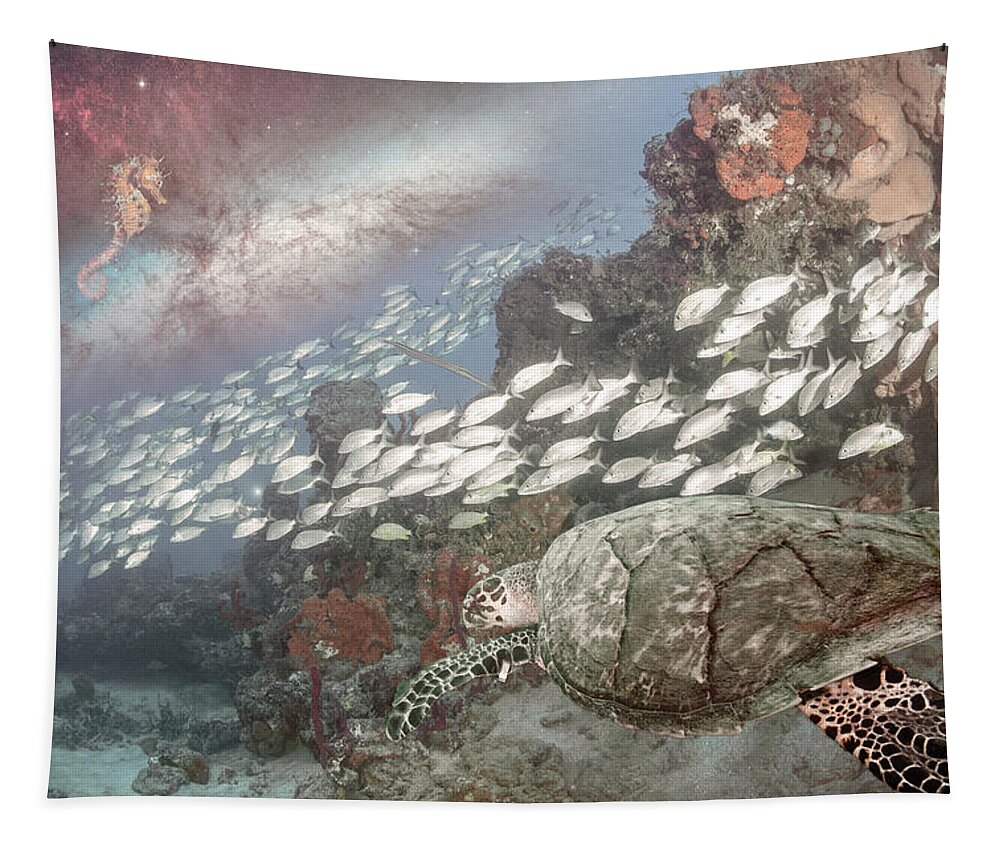 Underwater Tapestry featuring the photograph Seahorse and Turtle Beachhouse Hues by Debra and Dave Vanderlaan