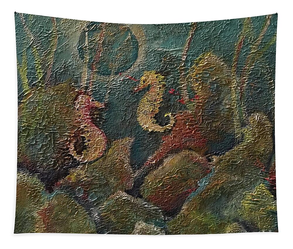 Seahorse Tapestry featuring the painting Seahorses by Maria Karlosak