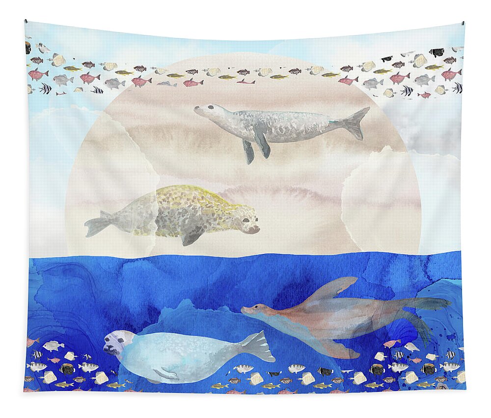 Seals Tapestry featuring the digital art Seals, Sand, Ocean, Sun - A Surreal Dream by Andreea Dumez