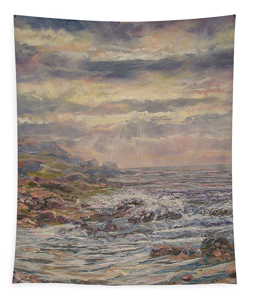 Landscape Tapestry featuring the painting Seascape With Clouds. by Leonard Holland