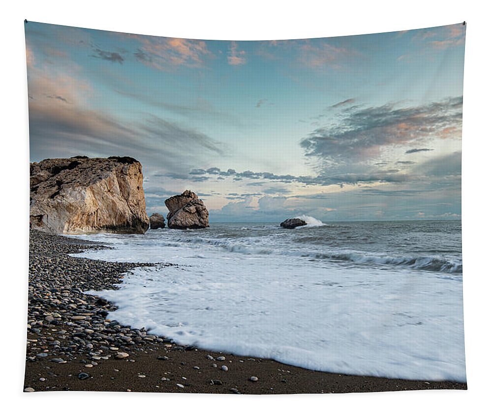 Sea Waves Tapestry featuring the photograph Seascape with windy waves and moody sky during sunset by Michalakis Ppalis