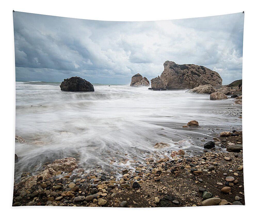 Sea Waves Tapestry featuring the photograph Seascape with windy waves during stormy weather on a rocky coast by Michalakis Ppalis