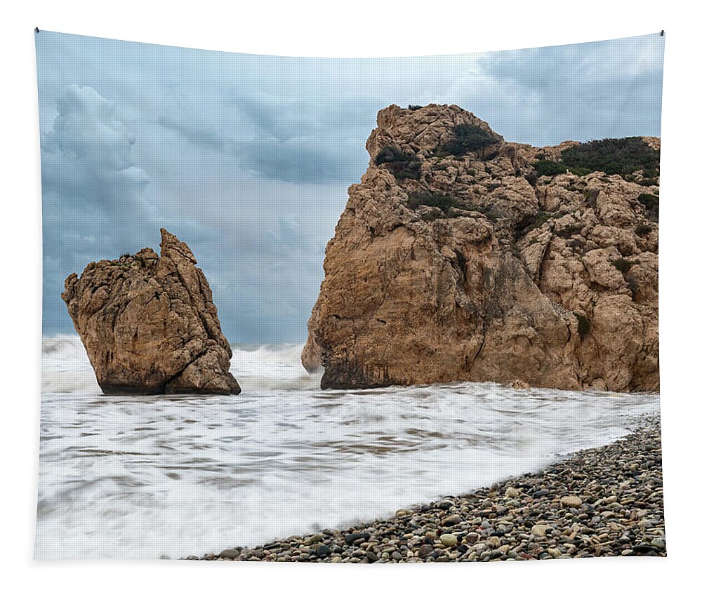 Coastline Tapestry featuring the photograph Seascapes with windy waves. Rock of Aphrodite Paphos Cyprus by Michalakis Ppalis