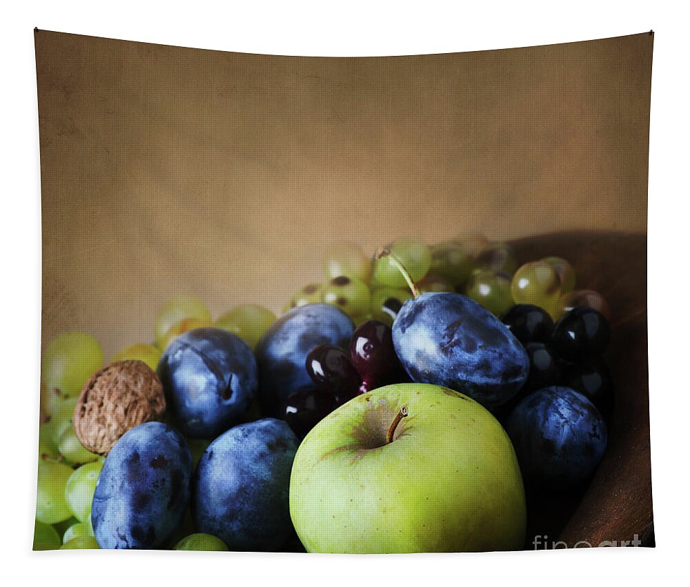 Fruit Tapestry featuring the photograph Seasonal thanksgiving fruit in wooden bowl. by Jelena Jovanovic