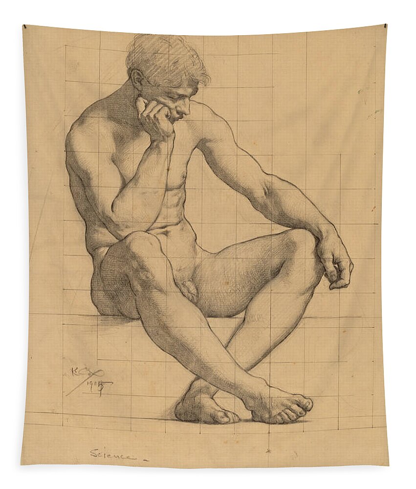 Kenyon Cox Tapestry featuring the drawing Seated Male Nude, Study for Science. Iowa State Capitol by Kenyon Cox
