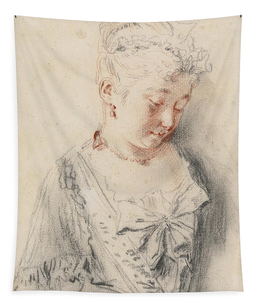 Antoine Watteau Tapestry featuring the drawing Seated Woman Looking Down #1 by Antoine Watteau