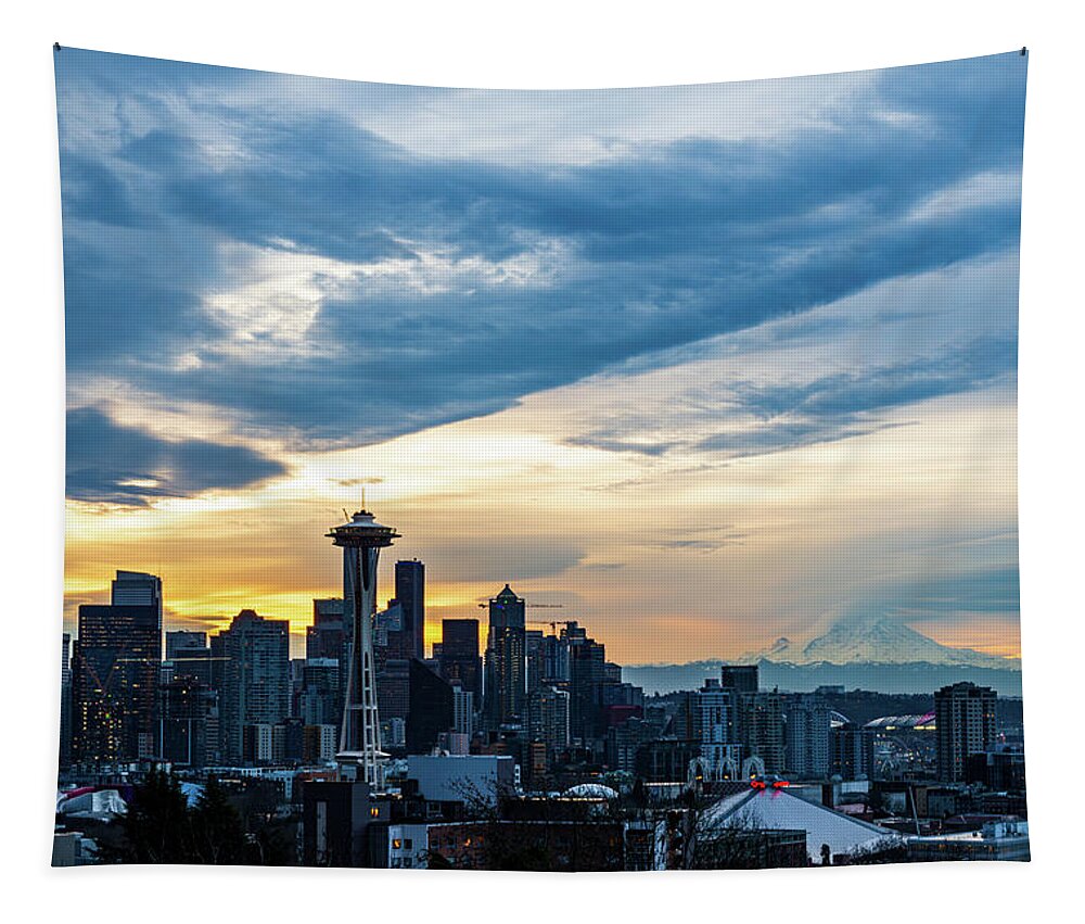 Outdoor; Sunrise; Dawn; Downtown Seattle; Skyline; Space Needle; Seattle; Mt Rainier; Pacific Northwest; Washington Beauty Tapestry featuring the digital art Seattle from Kerry Park by Michael Lee