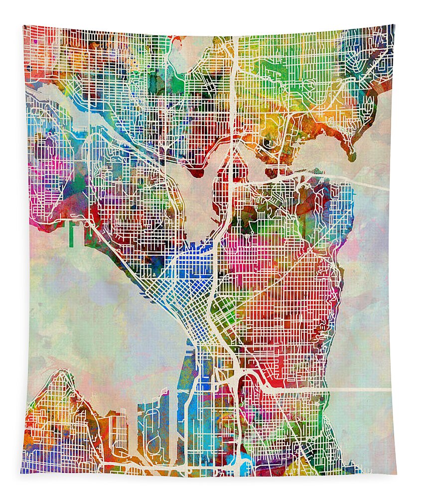 Seattle Tapestry featuring the digital art Seattle Washington Street Map Larger by Michael Tompsett