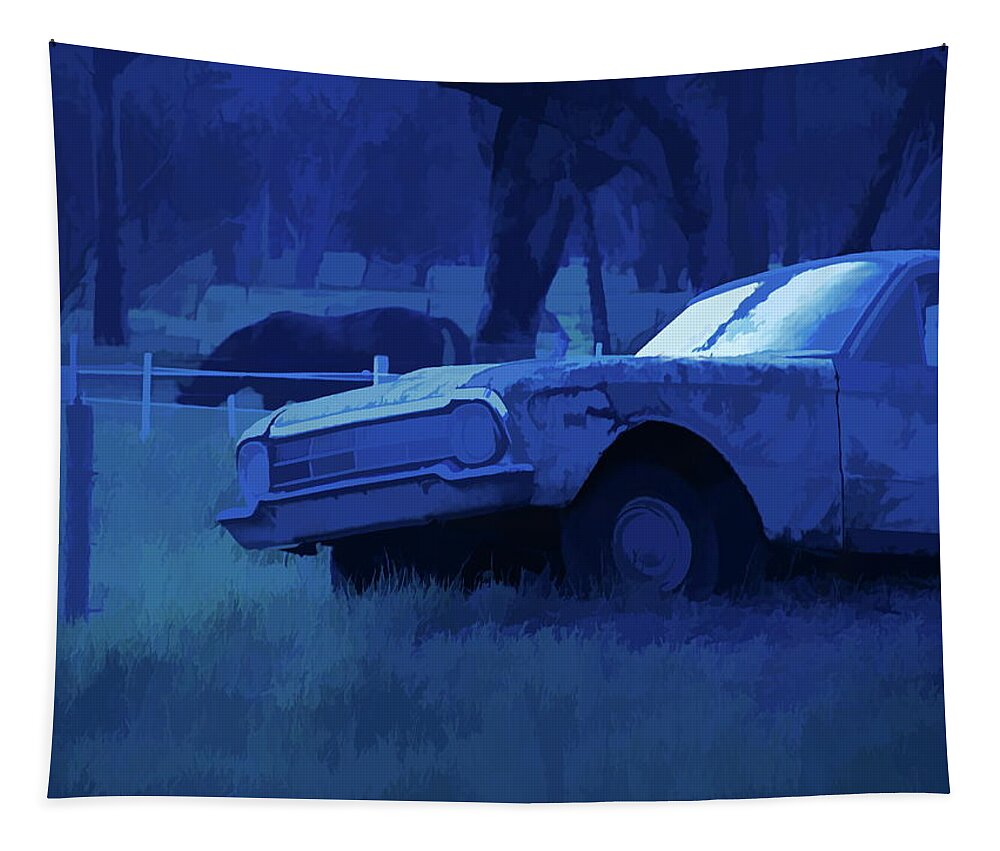 Ford Falcon Ute Tapestry featuring the mixed media Semi-Abstract 1960s Classic Ford Falcon Ute And Horse by Joan Stratton
