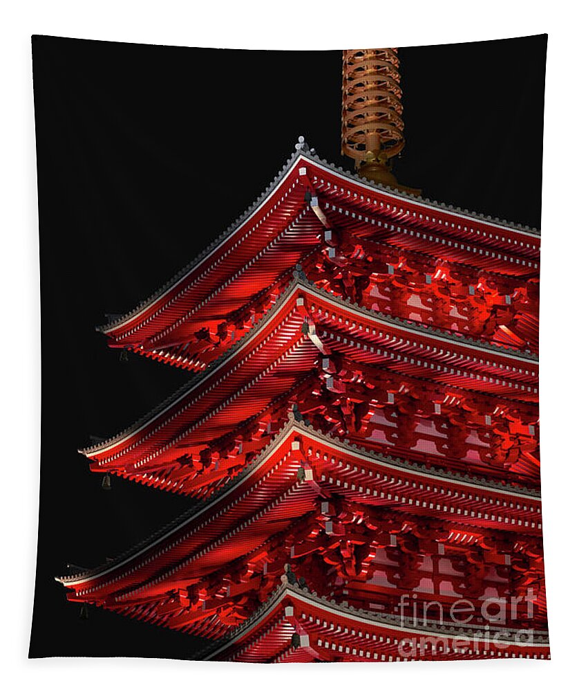 Senso-ji Tapestry featuring the photograph Senso-ji temple pagoda night Asakusa Tokyo 01043 by Organic Synthesis