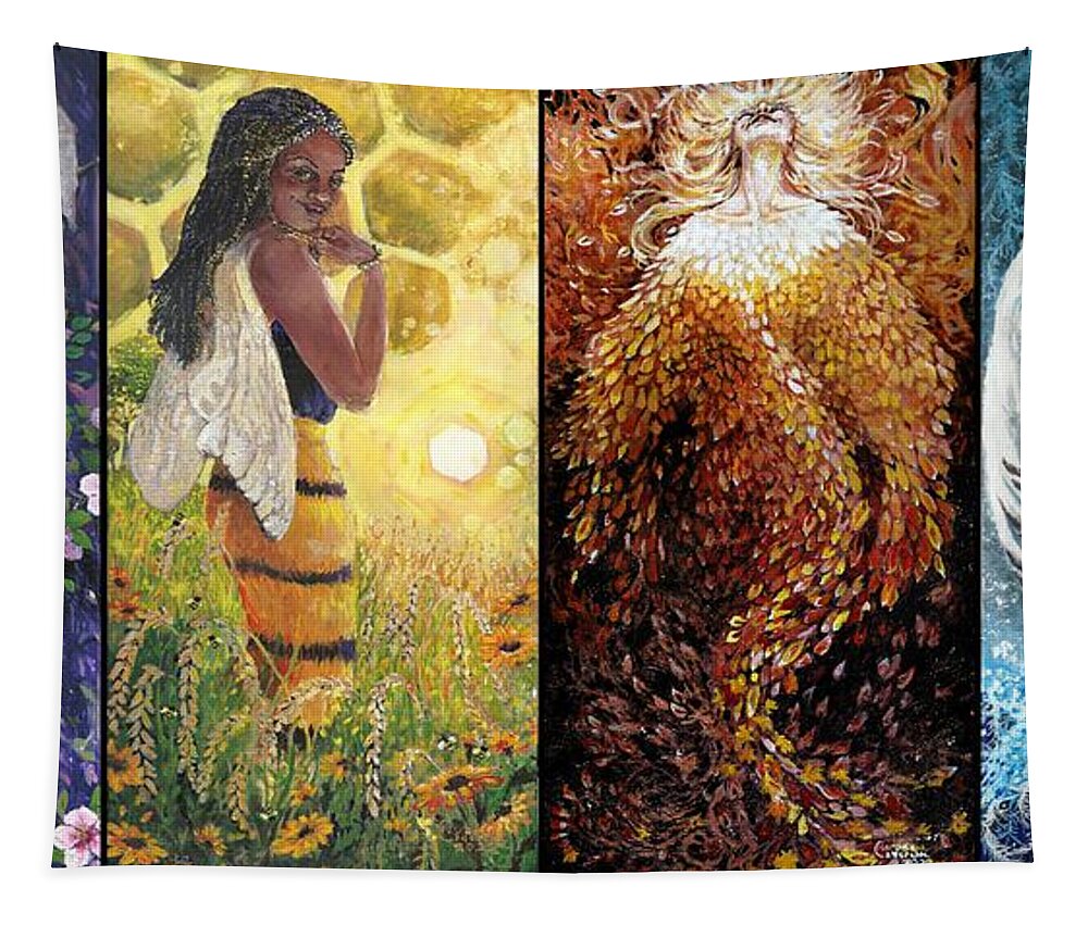 Sentinel Tapestry featuring the painting Sentinels of the Seasons by Merana Cadorette