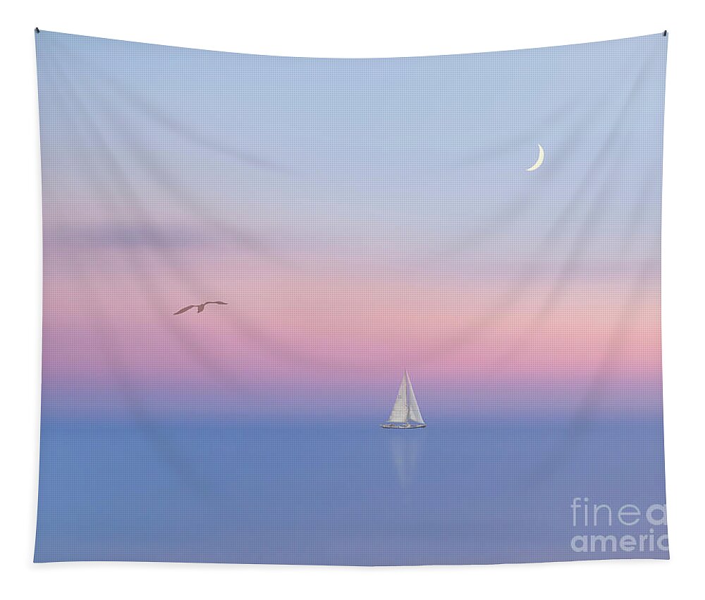 Sail Sunset Soft Gentle Calmness Serenity Relaxation Restful Triangles Moon Bird Landscape Scenery Seascape Ship Boat Beautiful Delicate Touching Emotional Impressionism Impression Alone Lonely Loneliness Solitude Delightful Romantic Fairy Poetic Magical Still Spiritual Nostalgic Inspirational Uplifting Blue Pink White Minimal Minimalist Minimalism Sailing Three Ocean Relax Sweet Dreamy Dream Timeless Foggy Misty Pleasing Appealing Painterly Artistic Watercolor Pastel Fantasy Peaceful Dawn Dusk Tapestry featuring the photograph Serenity by Tatiana Bogracheva