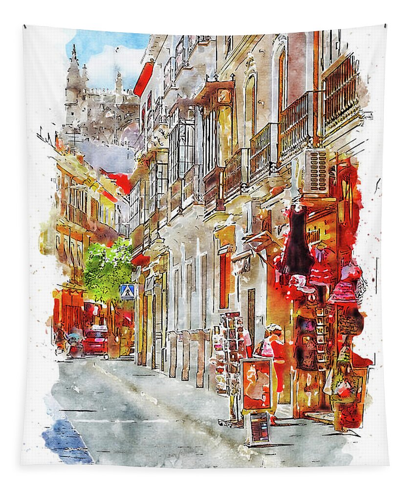 Sevilla Tapestry featuring the painting Seville, the colorful streets of Spain - 21 by AM FineArtPrints