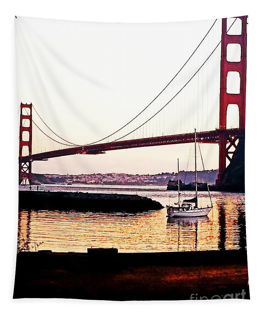 Golden Gate Bridge Tapestry featuring the painting SF Fog Meets October Sunset by Artist Linda Marie