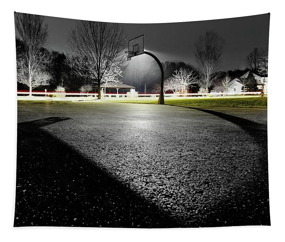 Basketball Tapestry featuring the photograph ShadowBall - basketball hoop in Stoughton WI casts interesting shadow on asphalt by Peter Herman
