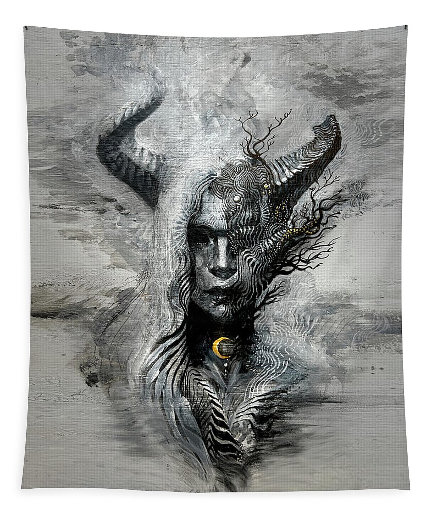 Horns Tapestry featuring the painting Shadows of the Golden Moon by Alex Ruiz