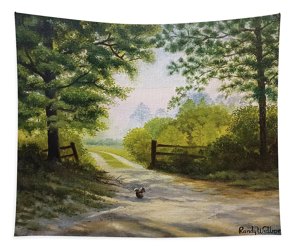 Squirrel Tapestry featuring the painting Shadows on a Sandy Road by Randy Welborn