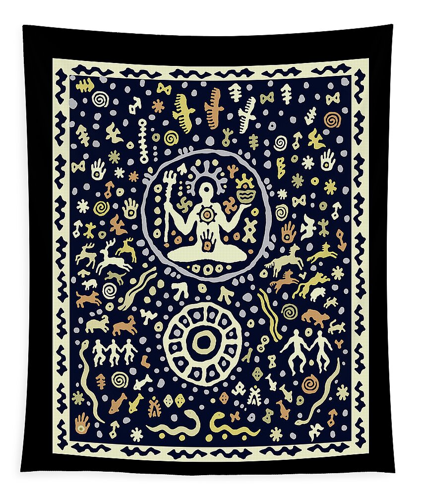Shaman Folk Art Tapestry featuring the drawing Shaman Meditation Ritual by Vagabond Folk Art - Virginia Vivier