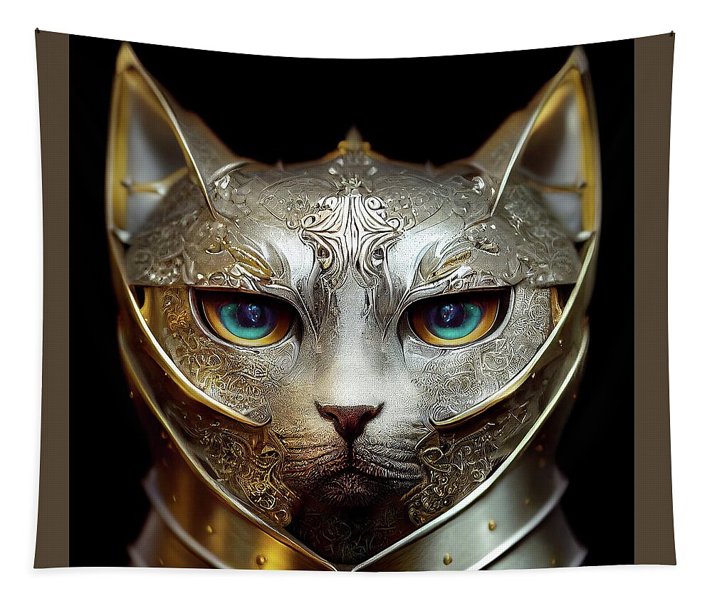 Warriors Tapestry featuring the digital art Shambala the Silver Cat Warrior by Peggy Collins