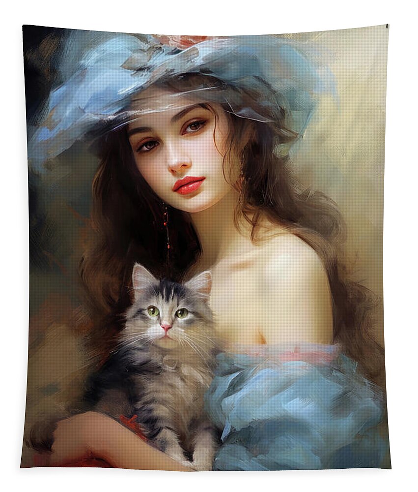 Portrait Tapestry featuring the painting She Loves Her Kitten by Tina LeCour