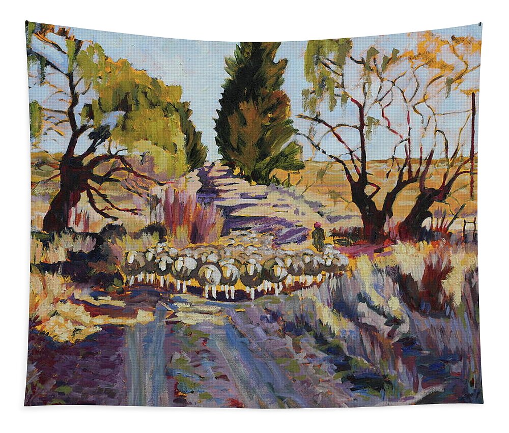 Sheep And Shepherd At Sunset Oil Painting Bertram Poole Tapestry featuring the painting Sheep and Shepherd at Sunset oil painting Bertram Poole by Thomas Bertram POOLE