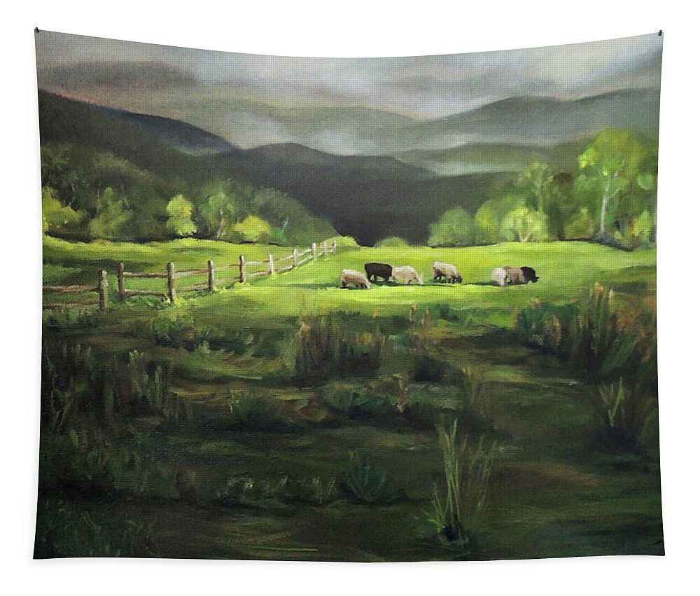 Green Mountains Tapestry featuring the painting Sheep of Norwich Vermont by Nancy Griswold