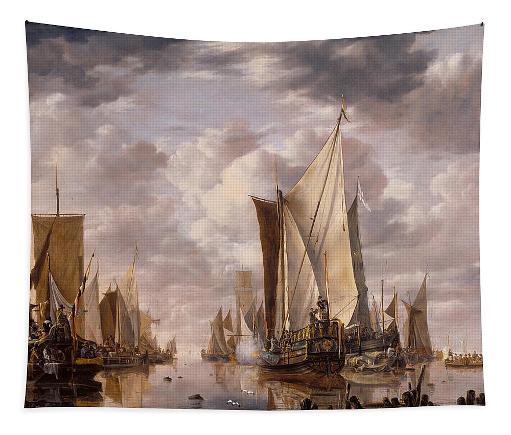 Maritime Tapestry featuring the painting Shipping in a Calm at Flushing with a States General Yacht Firing a Salute by War Is Hell Store