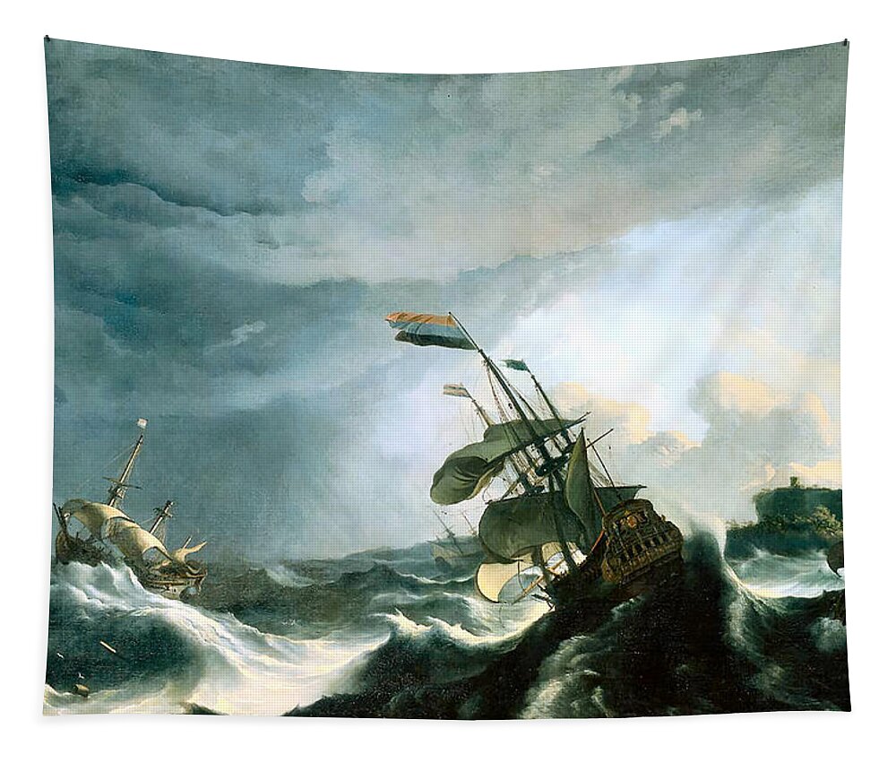 Ships Tapestry featuring the photograph Ships in Distress in a Heavy Storm by Ludolf Backhuysen
