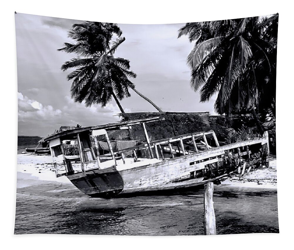 Abandoned Boat Tapestry featuring the photograph Shipwreck 2 BW by Cathy Anderson