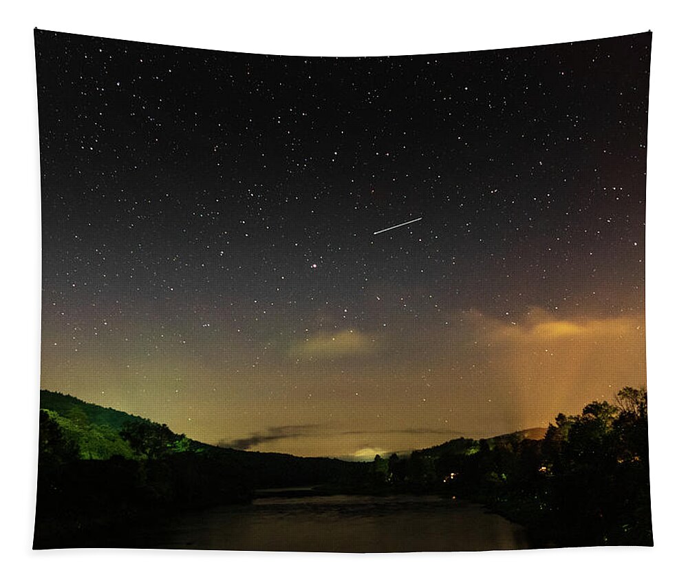 Night Tapestry featuring the photograph Shooting Star Over The Upper Delaware River - Barryville NY Shohola PA Bridge by Amelia Pearn