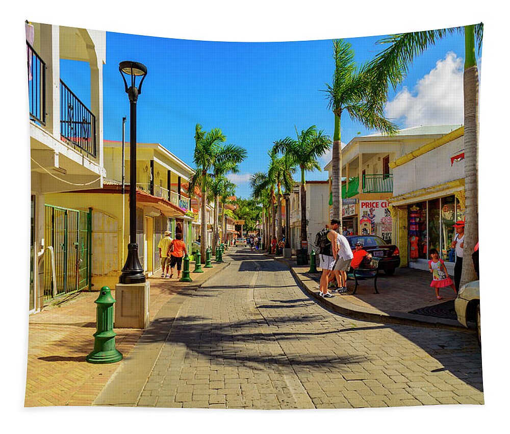 Trees; Travel; People; Color; Skies; Clouds Tapestry featuring the photograph Shopping in Saint Maarten by AE Jones