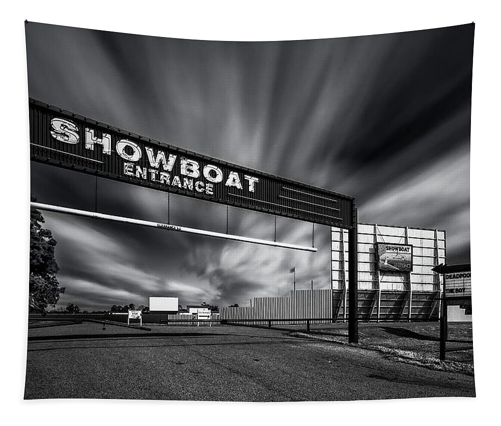 B&w Tapestry featuring the photograph Showboat Drive-In Theater by Mike Schaffner