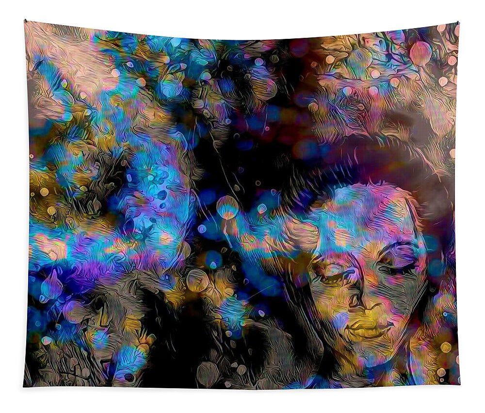 Fantasy Tapestry featuring the mixed media Shy Woman Illuminated With Fairy Lights by Joan Stratton