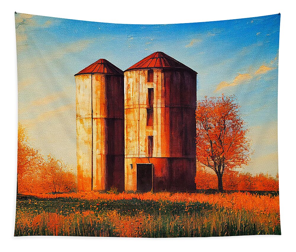 Landscape Tapestry featuring the digital art Sibling Silos At Sunset by Craig Boehman