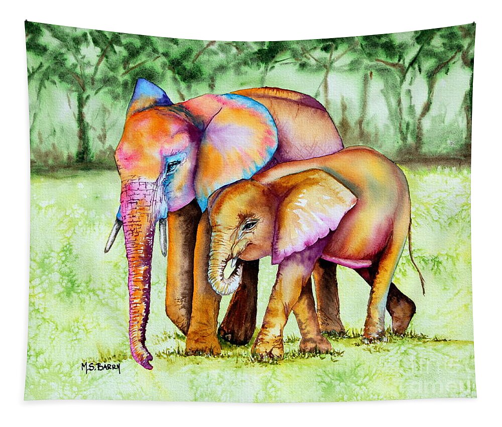 Elephants Tapestry featuring the painting Side by Side by Maria Barry