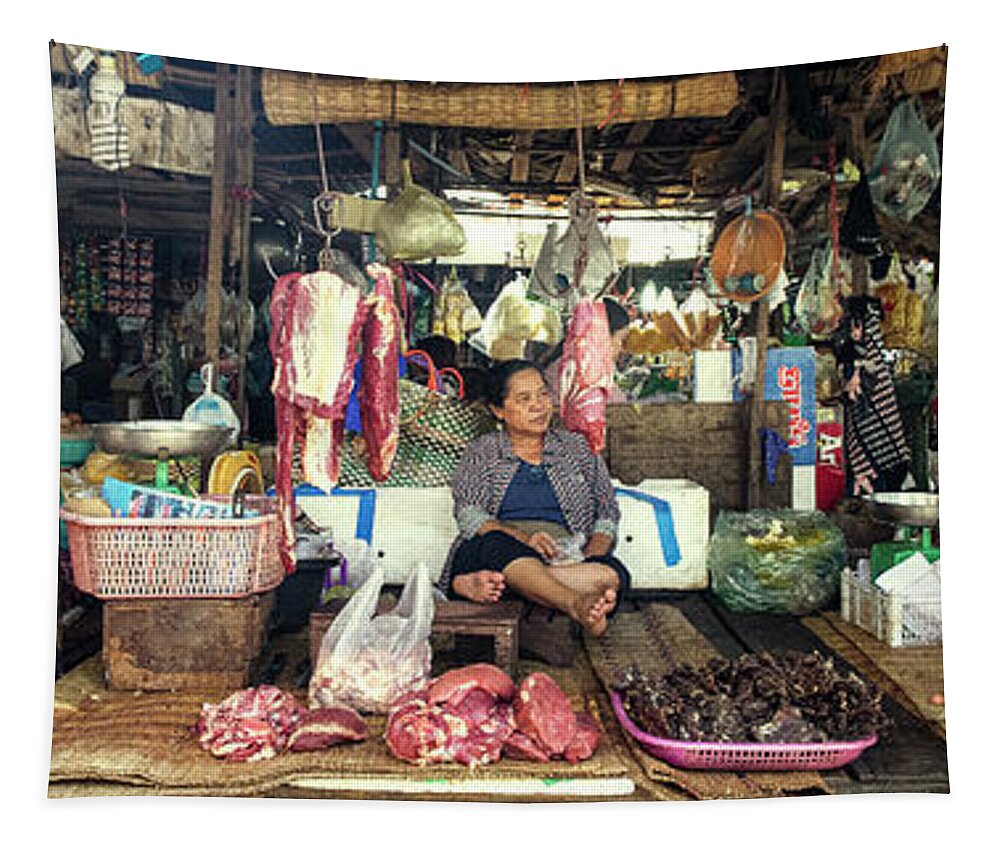 Panoramic Tapestry featuring the photograph Siem Reap street market meat stall cambodia by Sonny Ryse