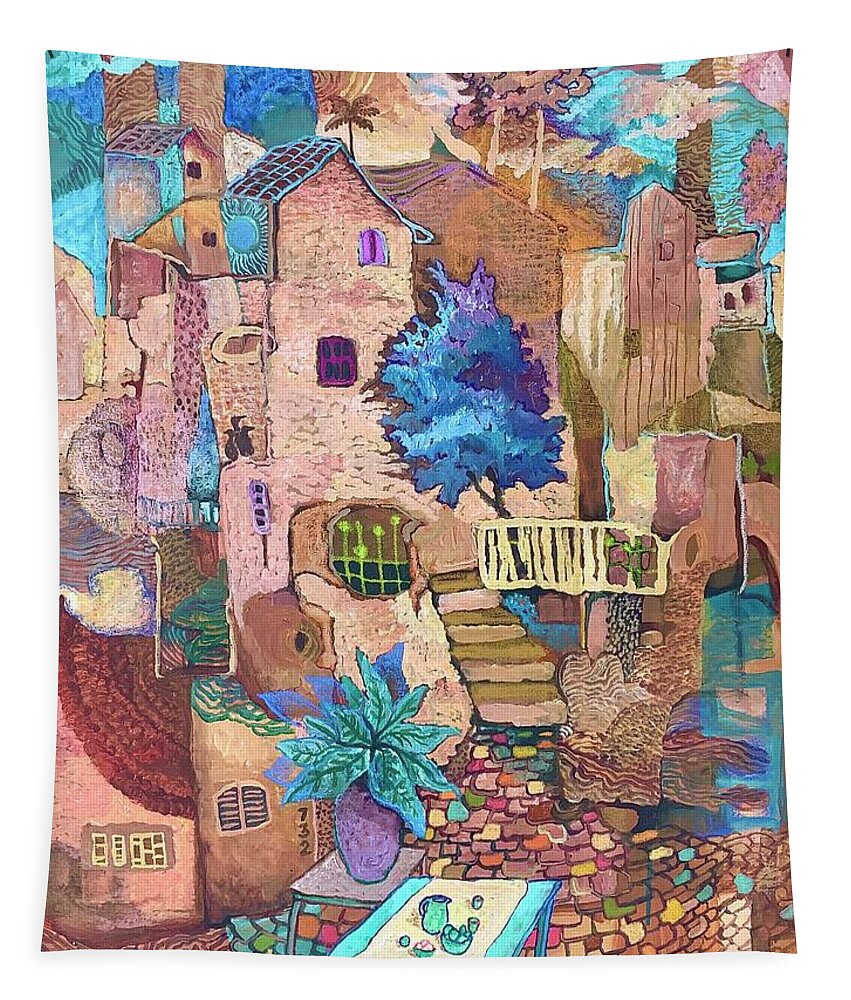 #backalley #siesta #town #europe #asia #hiddenplaces #oasis #quaint #transcendence #paths #memory #painting #artmaking #mindset #mindscape #thinking #past #present #future #journeyoflife #juxtaposition #metaphysical #artcollector #artgallery #artistsoninstagram Tapestry featuring the mixed media Siesta Time by James Huntley