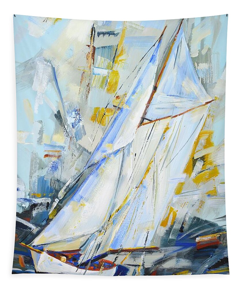Sailboats Tapestry featuring the painting 	Silver sails by Iryna Kastsova