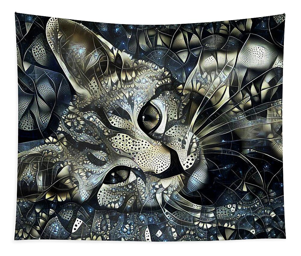Kitten Tapestry featuring the mixed media Silver Tabby Kitten Portrait by Peggy Collins