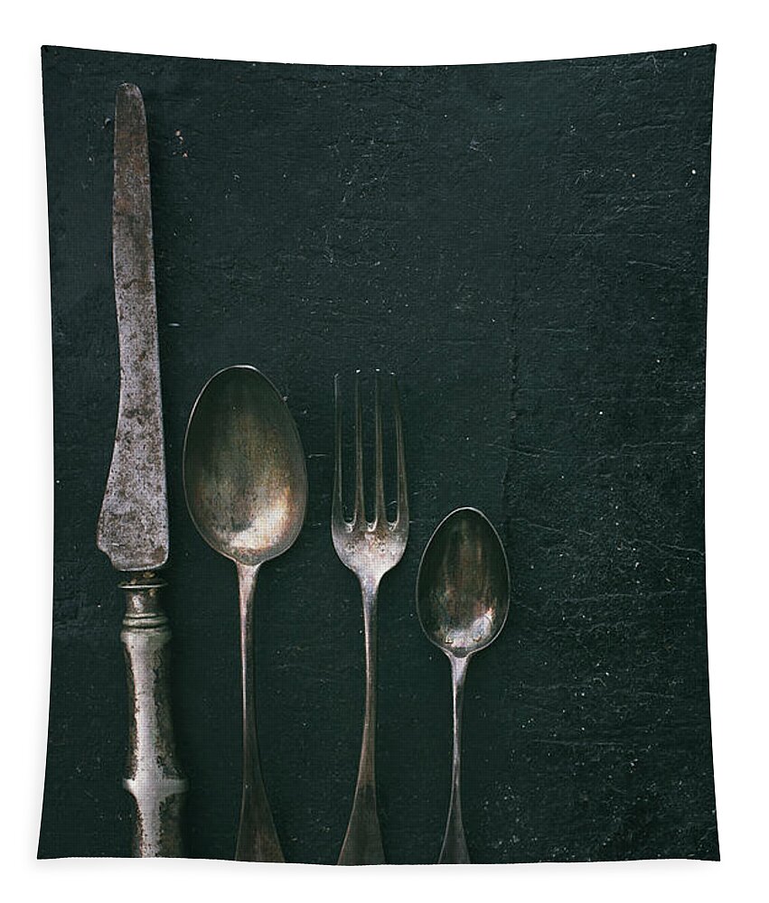 Cutlery Tapestry featuring the photograph Silverware on black rustic background by Jelena Jovanovic