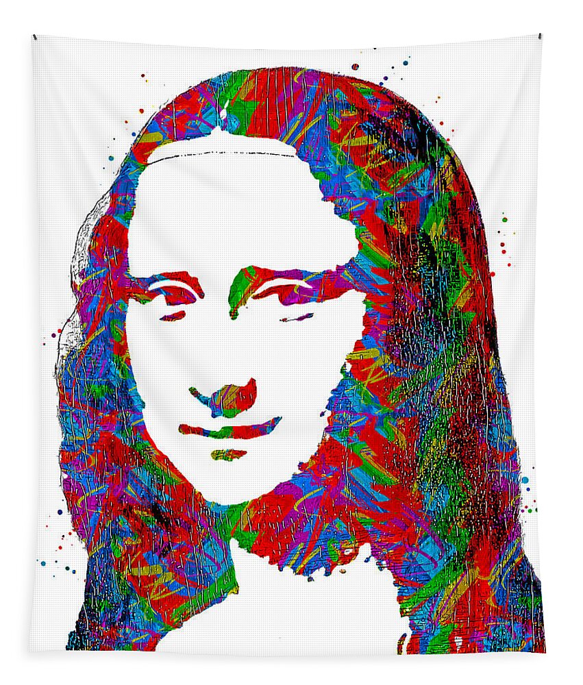 Mona Lisa Tapestry featuring the digital art Simple Mona Lisa colorful portrait with greens, reds and blues on white background by Nicko Prints