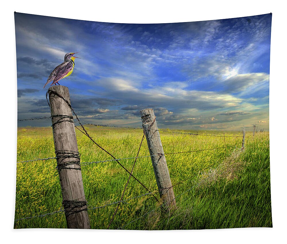 Wildlife Tapestry featuring the photograph Singing Meadowlark perched on a Fence Post by Randall Nyhof